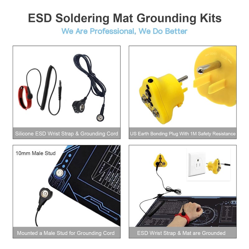 KooMall 36x24 Inch Anti Static Rubber Mat Kit for ESD Sensitive Electronic Device Repair, Soldering, PC Building, Assembly, Table Work, With Grounding Plug Cord, Antistatic Wrist Strap, Heat Resistant - Image 2